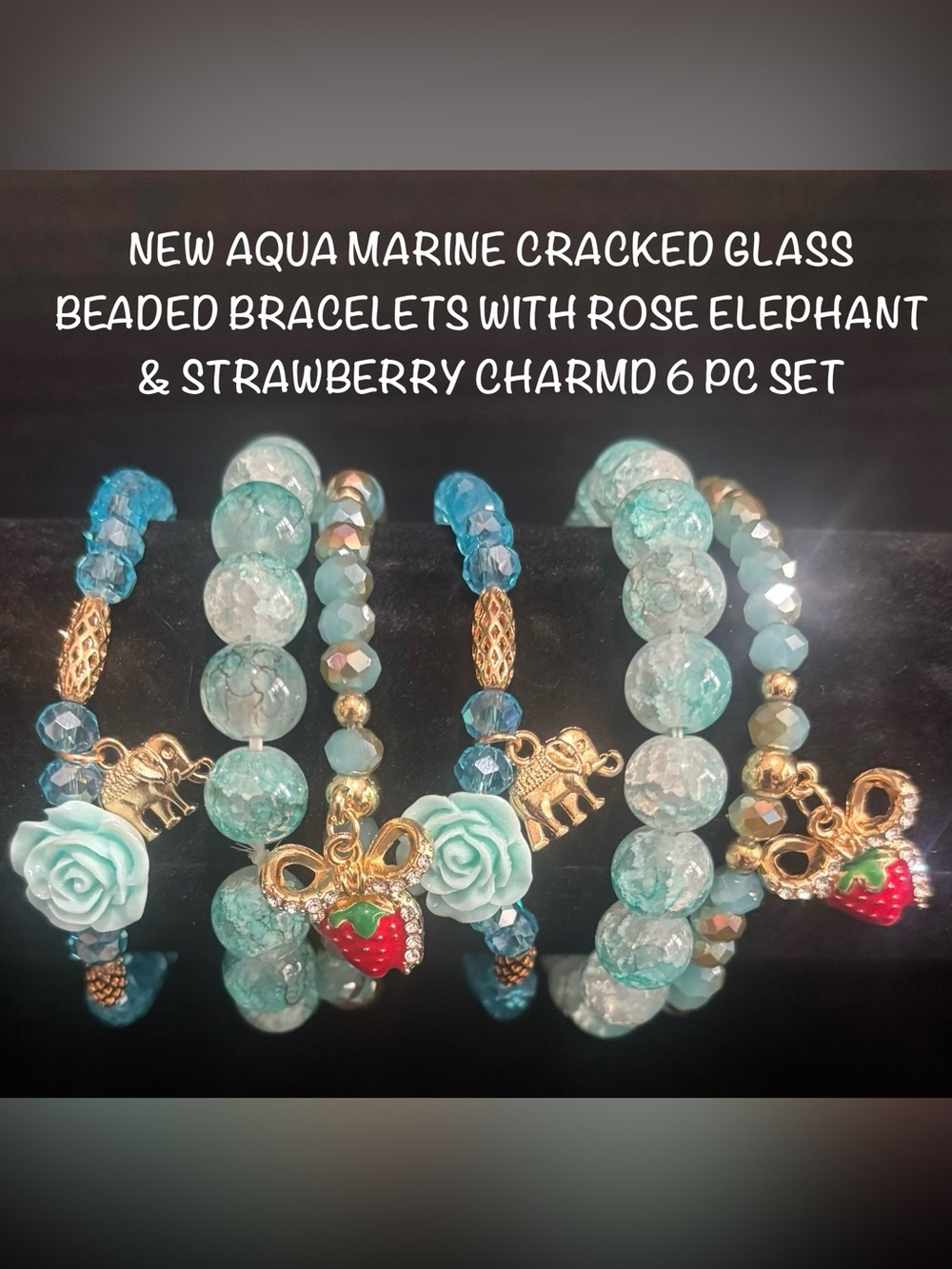 New Aqua Marine Crackled Bead Bracelet W/Gold Elephant & Strawberry Rose Charms